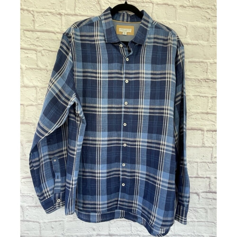 Singer + Sargent Blue Plaid 100% Linen Button Up Long Sleeve Shirt Size XL
